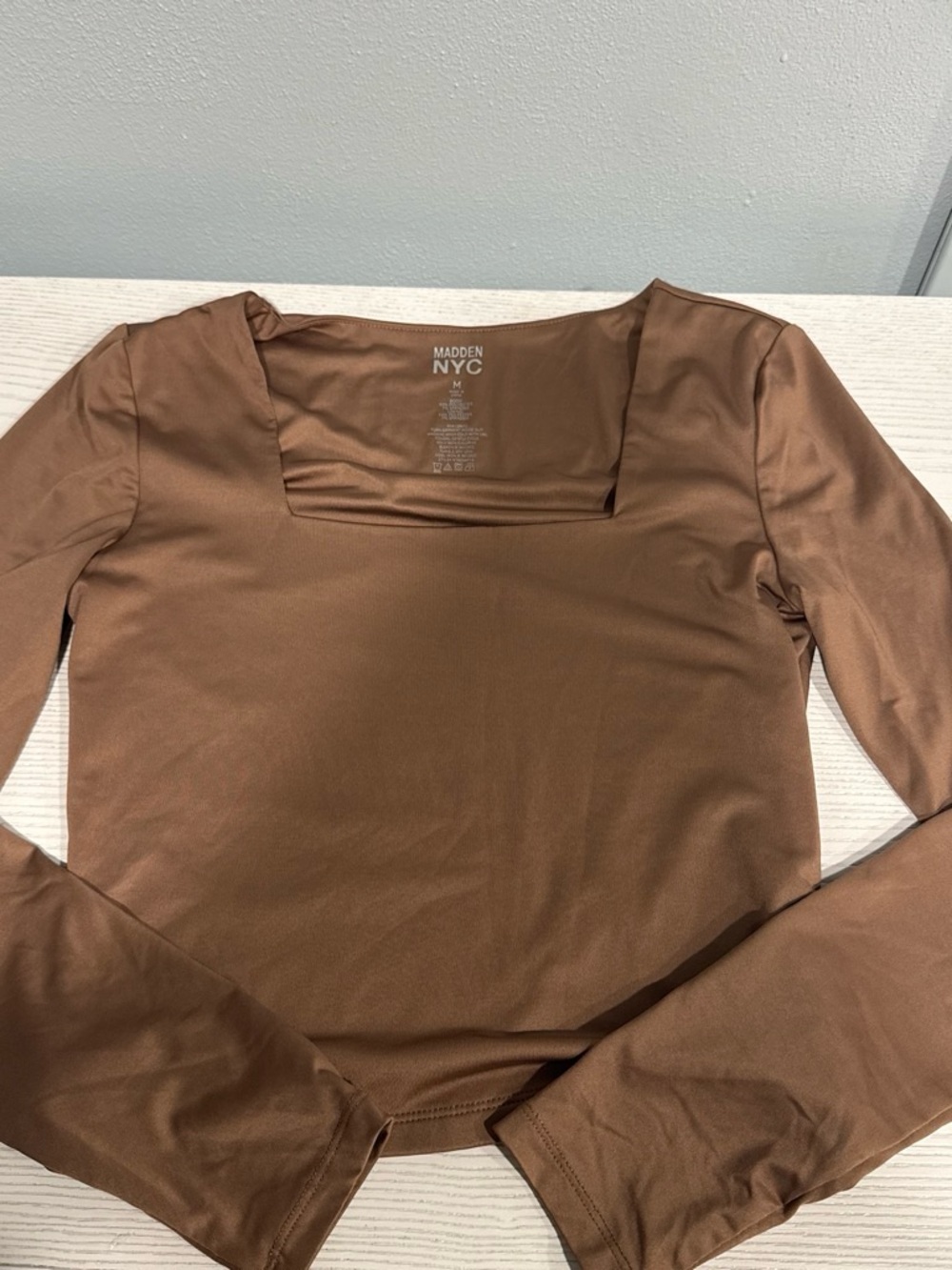 Madden NYC Brown Square-Neck Long Sleeve Crop Top
